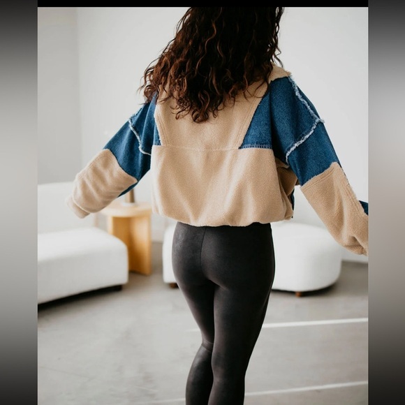 BiBi Half Zip Fleece Denim Pullover Size Large Latte Long Sleeve Pockets - Picture 3 of 14